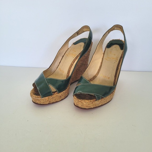 CHRISTIAN LOUBOUTIN Slingback Green Patent Cork Wedge Platform Shoe EU35,5 US 5 - Picture 1 of 10